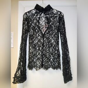 VALENTINO R.E.D BLACK FLORAL LACE LONG SLEEVE HIGH NECK BACK BUTTON BLOUSE M 42.